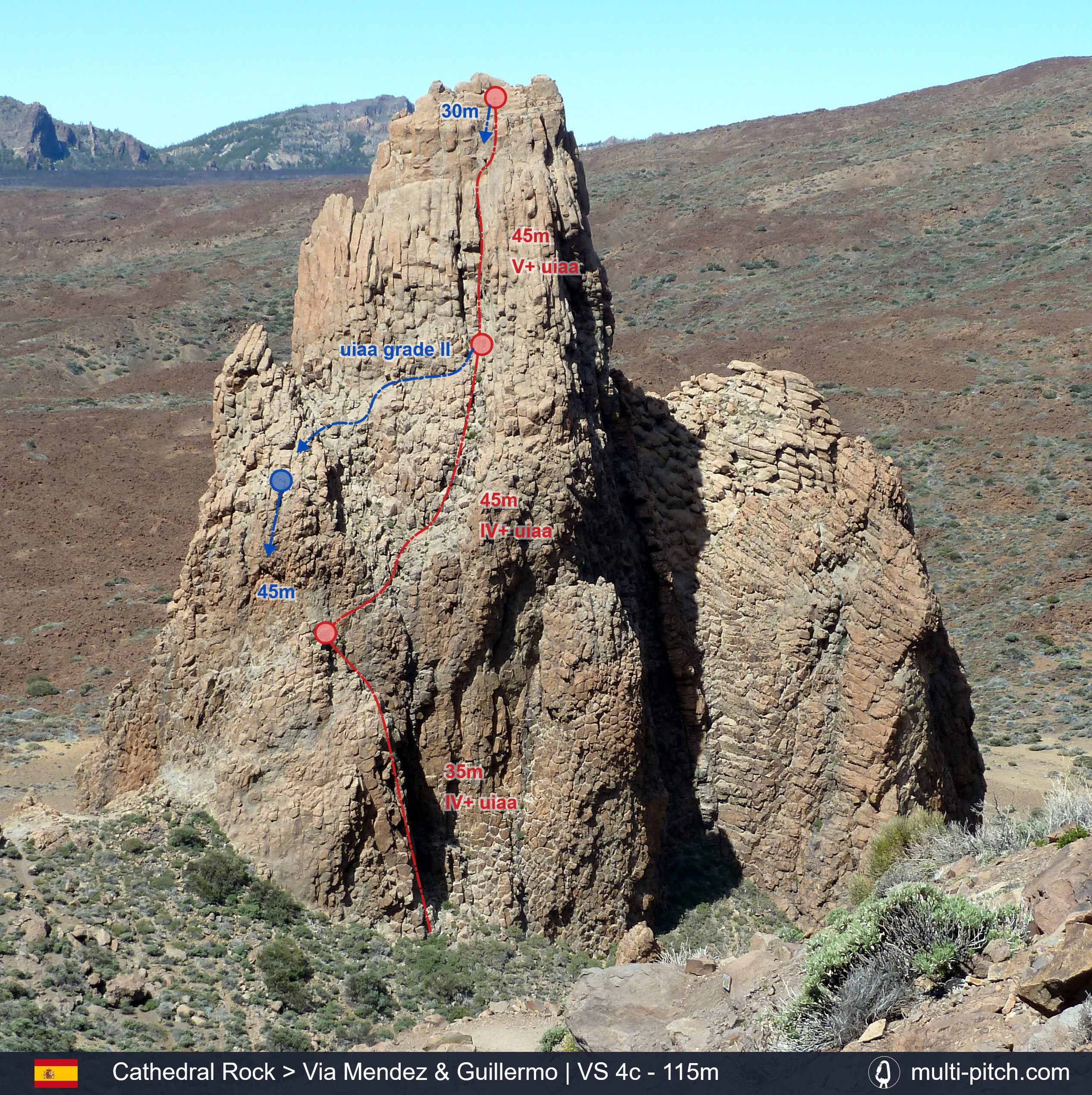 Trad Climbing lines on Cathederal Rock in Tenerife